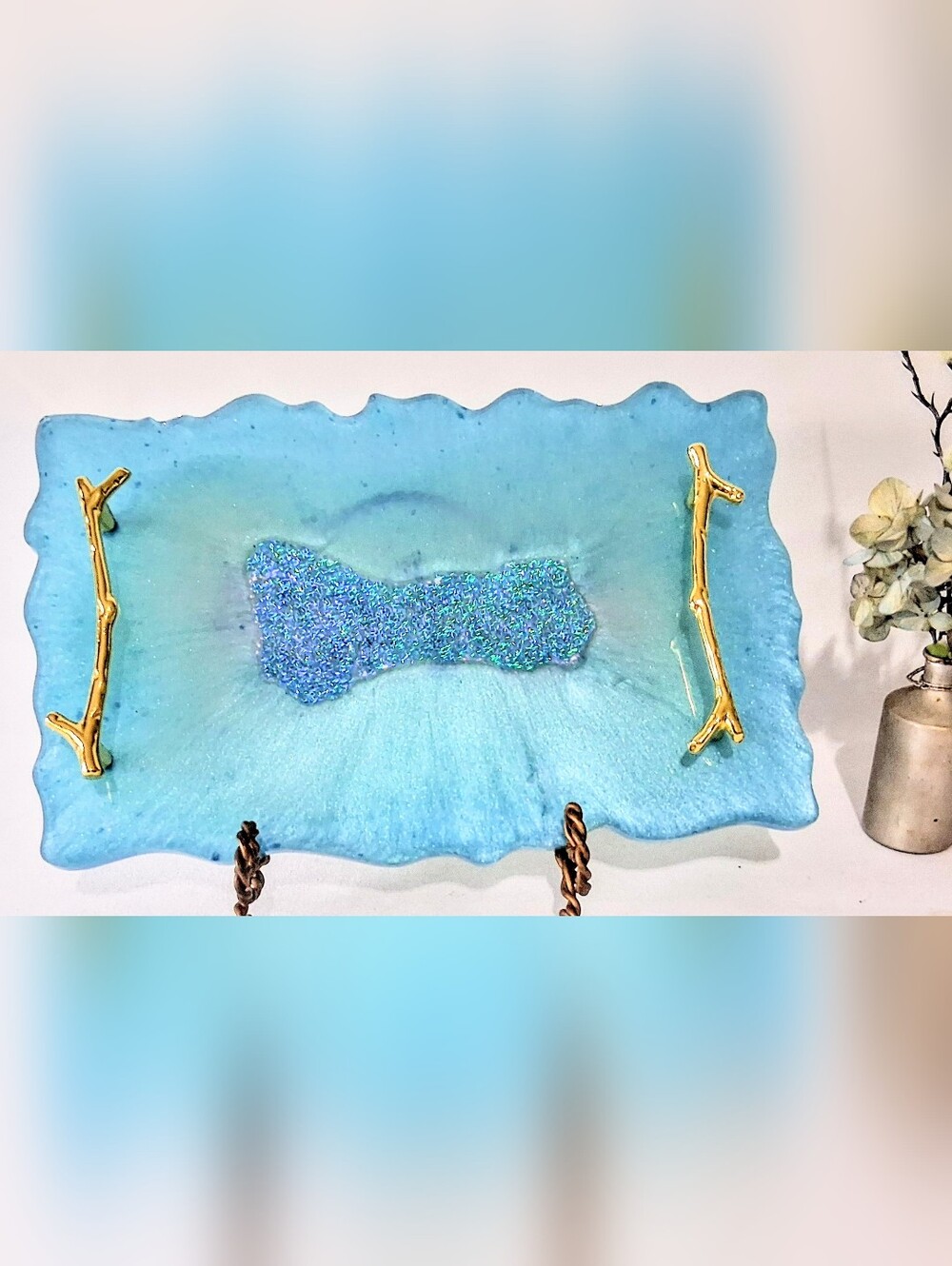 Ocean Blues, Glitter & Gold Artisan Made Resin Tray - Gold Bamboo Handles - Picture 9 of 10